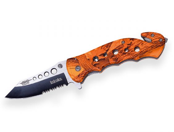 NAVAJA TÁCTICA JOKER ASISTIDA PUÑO CAMO NARANJA HOJA 8CM CON FUNDA