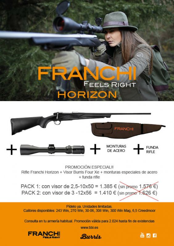 COMBO RIFLE FRANCHI HORIZON CAL. 270 WIN. + FUNDA RIFLE FRANCHI + MUNTURES 30MM ALTA + VISOR BURRIS FOURXE 3-12X56